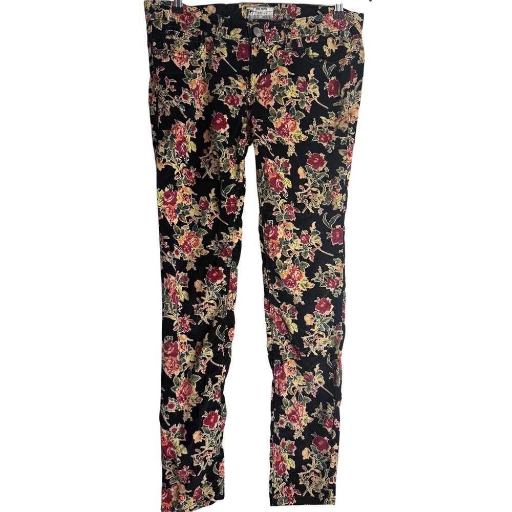 Free People Floral Corduroy Skinny Pants Black Multi Color Rose Print Size 29